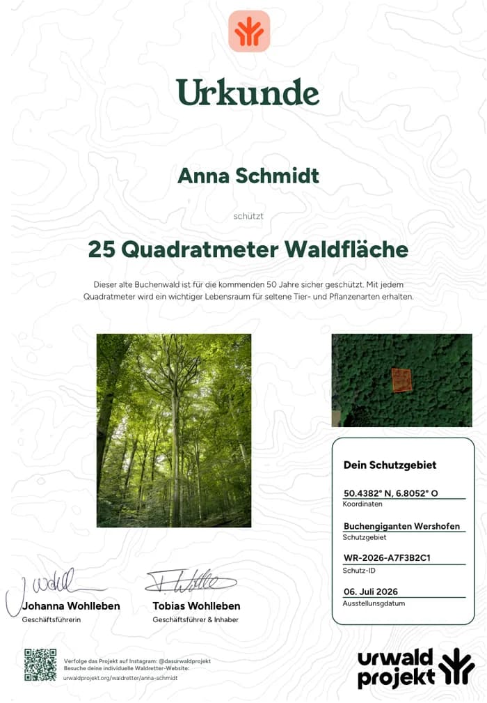 Urkunde des UrwaldProjekts mit Koordinaten und Schutz-ID