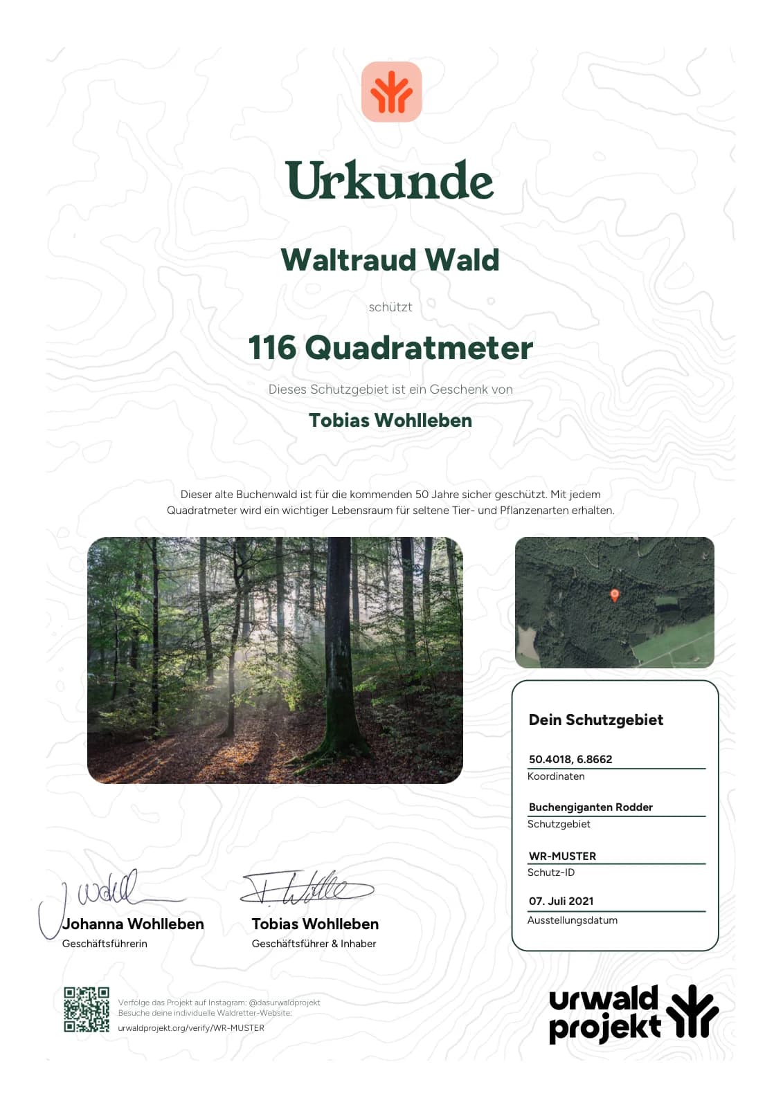 Beispiel-Urkunde: Waltraud Wald schützt 116 Quadratmeter im Schutzgebiet Buchengiganten Rodder